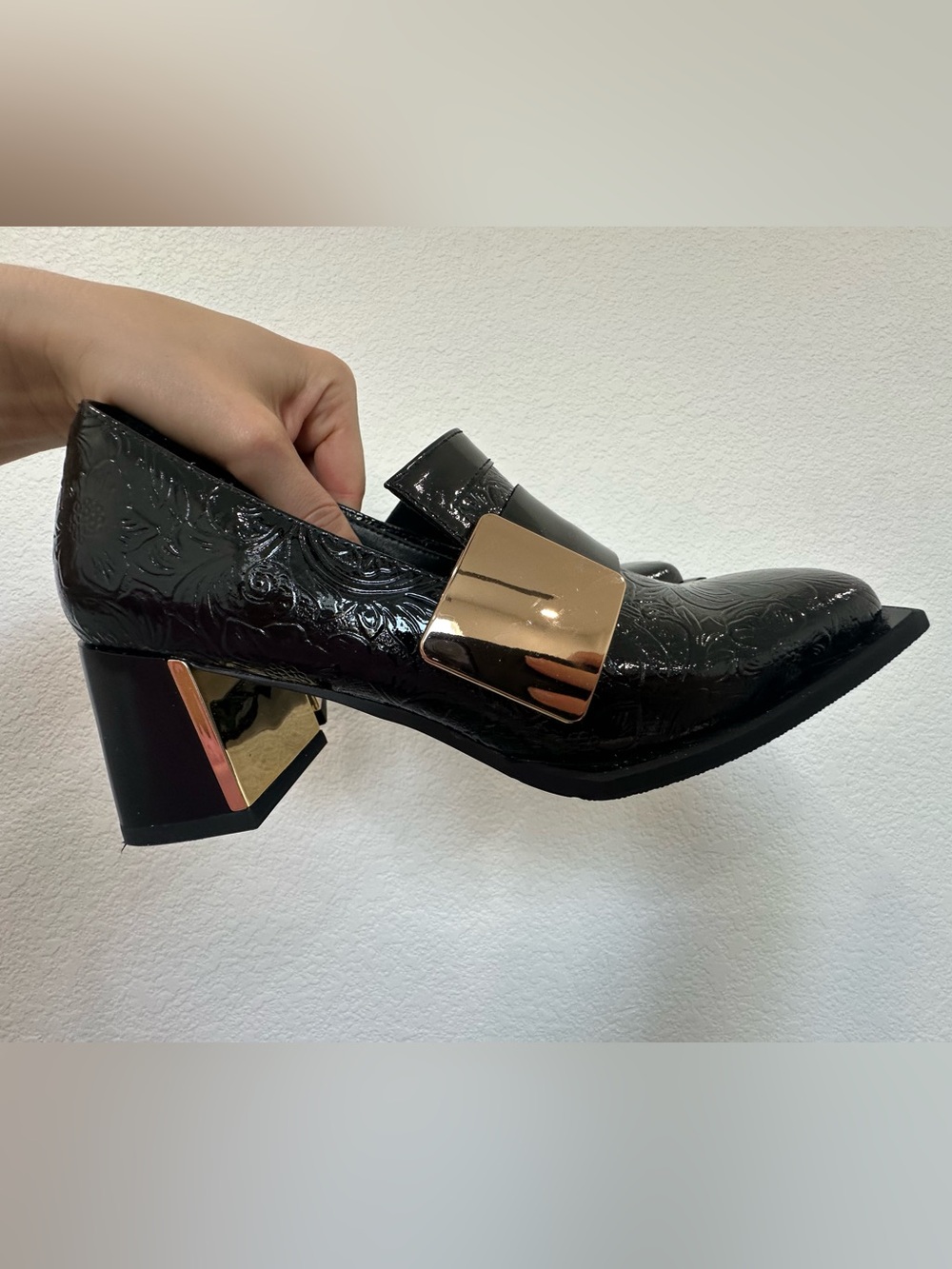 Black Patent Embossed Loafer with Gold Accent Heel quality leather